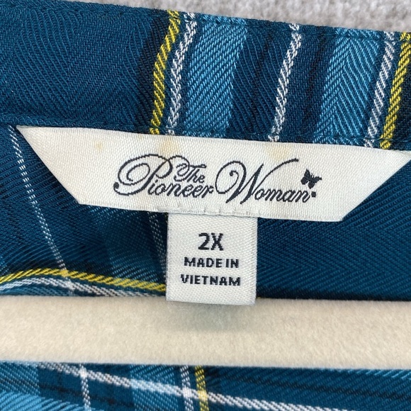 Pioneer Woman boho embroidered tunic blouse Henley button turquoise plaid 2X - Picture 5 of 9